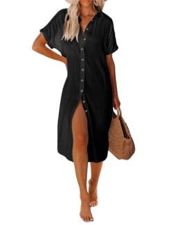 UMIPUBO Strandkleid Damen Lang Badeanzug Bikini Cover Up Strandtunika V-Ausschnitt Kurzarm Sommerkleid Beachwear Strandmode(Schwarz,S) von UMIPUBO