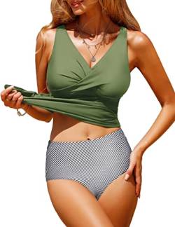 UMIPUBO Tankini Damen Bauchweg Sexy V-Ausschnitt Badeanzug Sets Große Größen Push up Bademoden Hight Waist Bikini Set Badehose(Armeegrün,L) von UMIPUBO