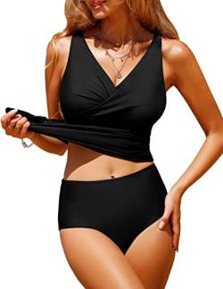 UMIPUBO Tankini Damen Bauchweg Sexy V-Ausschnitt Badeanzug Sets Große Größen Push up Bademoden Hight Waist Bikini Set Badehose(Schwarz,XL) von UMIPUBO