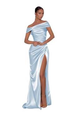 UMLXYER Schulterfreie Ballkleider für Frauen 2024 Satin Langes Meerjungfrau Brautjungfer Kleid Formale Abendparty Kleider mit Schlitz Sky Blue S von UMLXYER