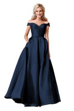 UMLXYER Schulterfreie Ballkleider für Frauen Langes ärmelloses Satinkleid Abendkleider mit Taschen Navy Blue S von UMLXYER