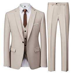 UNINUKOO Herren-Anzüge, schmale Passform, 3-teilig, 1-Knopf, für Hochzeit, formell, Business, Smoking, Jacke, Hose, Weste, Set, beige, M von UNINUKOO