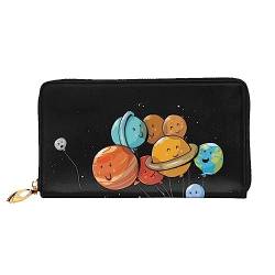 UNIOND Cute Planet Printed Zip Around Wallet Damen Leder Lange Geldbörse Kreditkartenhalter für Shopping Büro Reisen, Schwarz , Einheitsgröße von UNIOND