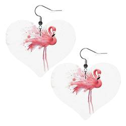 UNIOND Damen-Ohrringe mit pinkem Flamingo, Aquarell-Druck, Leder, Herzform, leicht, baumelnd, Kunstleder-Ohrringe für Damen und Mädchen, Einheitsgröße von UNIOND