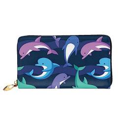 UNIOND Dolphin Printed Zip Around Wallet Damen Leder Lange Geldbörse Kreditkartenetui für Shopping Büro Reisen, Schwarz , Einheitsgröße von UNIOND