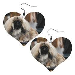 UNIOND Pekinese Dog bedruckte Leder-Herz-Ohrringe, leicht, baumelnd, Kunstleder-Ohrringe für Damen und Mädchen, Einheitsgröße von UNIOND