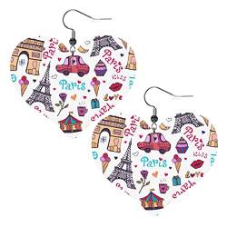 UNIOND Romantische Paris Schmetterling Eiffel bedruckte Leder-Herz-Ohrringe leichte baumelnde Tropfen Kunstleder-Ohrringe für Damen und Mädchen, Einheitsgröße von UNIOND