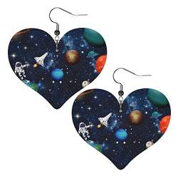 UNIOND Weltraum-Raketen-Astronauten-Ohrringe, bedruckt, Leder, Herz-Ohrringe, leicht, baumelnd, Kunstleder-Ohrringe für Damen und Mädchen, Einheitsgröße von UNIOND