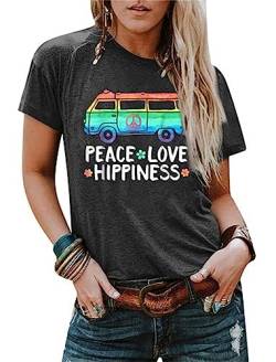 Peace Love T-Shirt für Frauen Hippie Shirts Vintage Grafik Tees Hippie Geschenke Tops Kurzarm Tee Kleidung, GRAU, X-Groß von UNIQUEONE