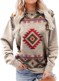 UNIQUEONE Aztec Print Sweatshirts Frauen Western Shirts Ethnische Grafik Pullover Top Vintage Langarm Blusen, Braun, S von UNIQUEONE