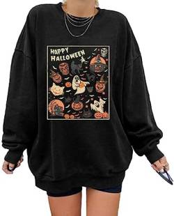 UNIQUEONE Damen Oversized Halloween Sweatshirt Vintage Halloween Doodles Sweatshirts Hocus Pocus Langarm Rundhals Tops, Schwarz, XL von UNIQUEONE