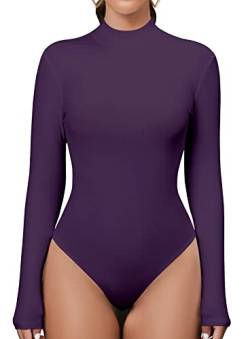 UNTYHOTS Damen Mock Rollkragen V Ausschnitt Langarm Bodysuit Basic Gerippte Shirts Top, Dunkles Violett, M von UNTYHOTS