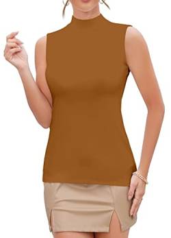 UNTYHOTS Damen Mock Turtle Neck Ärmelloses Tank Top Basic Slim Fit T Shirt Kleidung, Ärmelloses Camel, Mittel von UNTYHOTS