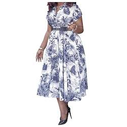 Damen Bedruckter Kleidungsknopf Madi Kleid mit Hoher Tailliertheit Hemd Rock Kurzarm Kleid EIN von UNeedVog