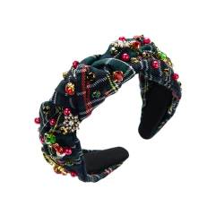 Damen Weihnachten Stirnbänder Vintage Plaid Knotted Haarbänder Perle Strass Verziert von UNeedVog