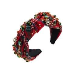 Damen Weihnachten Stirnbänder Vintage Plaid Knotted Haarbänder Perle Strass Verziert von UNeedVog