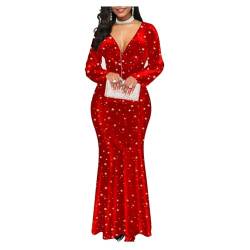 UNeedVog Frauen Abendkleid Rot Deep V Wrap Hip Meerjungfrau Kleid Star Print Maxi Formalkleider von UNeedVog
