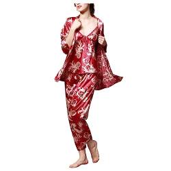 UNeedVog Frauen Pyjama Set 3-teiliger Nachtanzug Camisole Strickjacken Pyjamas Print Ice Silk Loungewear von UNeedVog