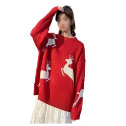 UNeedVog Frauen Weihnachtspullover Rentier Print Weihnachtsspiegel Übergroßer Runder Nackenpullover von UNeedVog