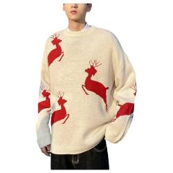 UNeedVog Frauen Weihnachtspullover Rentier Print Weihnachtsspiegel Übergroßer Runder Nackenpullover von UNeedVog