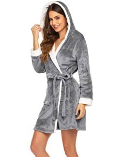 UNibelle Bademantel Damen Flauschig Kapuze knielang kurz Hausmantel fleece DGR_XL von UNibelle