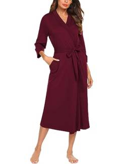 UNibelle Damen Bademantal Baumwolle Morgenmantel lang leicht Kimono Maxi Dünn Saunamantel weich Robe Tasche Frauen Hausmantel Dark Red S von UNibelle