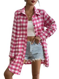 UNibelle Damen Hemd Casual Karo Bluse Karierte Hemdjacke Button Down Shirt Langarm Hemdbluse Flanell Hemde Rosa S von UNibelle