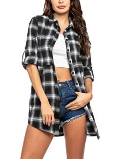 UNibelle Damen Bluse Kariertes Hemdjacke Oktoberfest Hemd Langarmshirt Karo Tunika Tops Casual V-Ausschnitt Oberteile mit Knöpfen Schwarz L von UNibelle