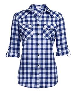 UNibelle Damen Bluse kariert halbarm Hemd Baumwolle Boyfriend Hemd V-Ausschnitt Oberteile Plaid Shirt Top Himmelblau XXXL von UNibelle