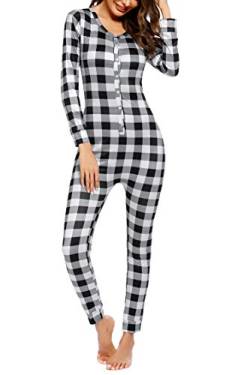 UNibelle Damen Jumpsuit Strampler Onesie Thermo Unterwäsche Stretch Nachtwäsche Thermowäsche mit Rundhalsausschnitt Grau-Weiß Kariert L von UNibelle