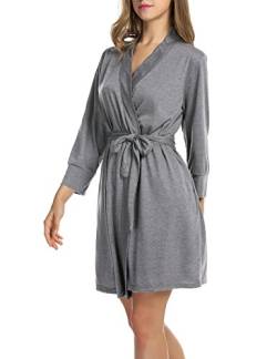 UNibelle Damen Morgenmantel 3/4 Ärmel Bademantel Kimono Baumwolle Saunamantel Robe Negligee Mit V-Ausschnitt, 1-hellgrau, L von UNibelle