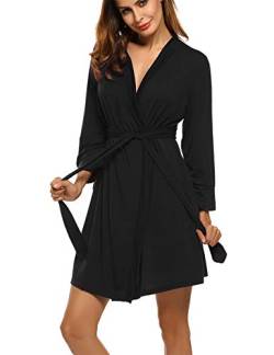 UNibelle Damen Morgenmantel 3/4 Ärmel Bademantel Kimono Baumwolle Saunamantel Robe Negligee Mit V-Ausschnitt, 1-schwarz, S von UNibelle