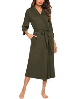 UNibelle Damen Morgenmantel 3/4 Ärmel Bademantel Kimono Baumwolle Saunamantel V-Ausschnitt Nachtwäsche Olivegrün L von UNibelle