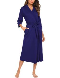 UNibelle Damen Morgenmantel lang leicht Kimono Maxi Dünn Saunamantel weich Robe Tasche Frauen Hausmantel Navyblau M von UNibelle