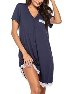 UNibelle Damen Nachthemd Spitze Nachtwäsche Kurz Schlafshirt mit Taschen Nachtshirt Knopfleiste Schlafhemd, Navyblau, S von UNibelle