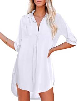 UNibelle Damen Strandkleid Hemdkleid Kleidung Strand Hemdkleid V-Ausschnitt Rock Sommer Cuffed Sleeve Shirts Tops Weiß, Medium von UNibelle