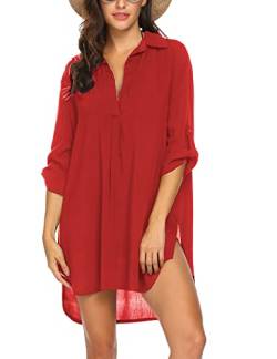 UNibelle Damen Strandkleid Kleidung Strand Hemdkleid V-Ausschnitt Rock Sommer Cuffed Sleeve Shirts Tops Rot, Medium von UNibelle