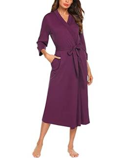 UNibelle Morgenamntel Lang Damen 3/4 Ärmel Sommer Hausmantel Robe Elegant Loungewear Sleepwear Sleeping gown leicht Kimono Bademantel weinrot L von UNibelle