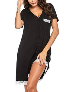 UNibelle Nachthemd Damen Spitze Nachtwäsche Kurz Schlafshirt V-Ausschnitt Nachtkleid mit Durchgehender Knopfleiste, Schwarz, L von UNibelle