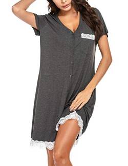UNibelle Nachtwäsche Damen Kurzärmelig Nachthemd Spitze Schlafhemd V-Ausschnitt Kurzarm Knopfleiste Streifen, Dunkelgrau, XL von UNibelle