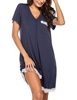 UNibelle Nachtwäsche Kurzarm Nachthemd Damen Spitze Sleepshirt V-Ausschnitt Nachtkleid Knopfleiste, Navyblau, M von UNibelle