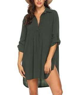 UNibelle Strandkleid Damen Bikini Cover Up Tunika Bluse Lang Strandkleid Damen Shirt Strandponcho Sommer Cuffed Sleeve Shirts Tops Armeegrün, Small von UNibelle