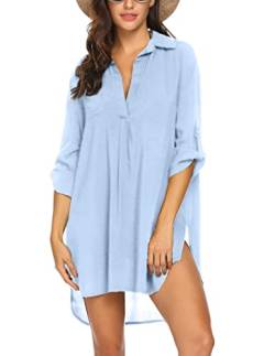 UNibelle Strandkleid Damen Bikini Cover Up Tunika Bluse Lang Strandkleid Damen Shirt Strandponcho Sommer Cuffed Sleeve Shirts Tops Himmelblau, Large von UNibelle