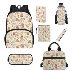 UOIMAG Kinder-Rucksack und Lunchbox-Set, Schultaschen für Jungen und Mädchen, Schulanfang, Büchertaschen, 7-teilig, Capybara-Blumen, Einheitsgröße, Schulranzen-Set von UOIMAG