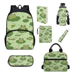 UOIMAG Kinder-Rucksack und Lunchbox-Set, Schultaschen für Jungen und Mädchen, Schulanfang, Büchertaschen, 7-teilig, Frösche grün, Einheitsgröße, Schulranzen-Set von UOIMAG