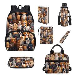 UOIMAG Kinder-Rucksack und Lunchbox-Set, Schultaschen für Jungen und Mädchen, Schulanfang, Büchertaschen, 7-teilig, Hunde-Cartoon, Einheitsgröße, Schulranzen-Set von UOIMAG