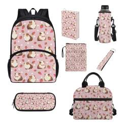 UOIMAG Kinder-Rucksack und Lunchbox-Set, Schultaschen für Jungen und Mädchen, Schulanfang, Büchertaschen, 7-teilig, Meerschweinchen, Erdbeere, Einheitsgröße, Schulranzen-Set von UOIMAG