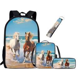 UOIMAG Kinder-Schulranzen-Set für Jungen und Mädchen, Rucksack-Set mit Lunchtasche, Federmäppchen, Schlüsselanhänger, niedliche Büchertaschen, Horses Beach, Einheitsgröße, Schulranzen-Set von UOIMAG