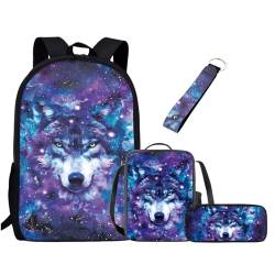 UOIMAG Kinder-Schulranzen-Set für Jungen und Mädchen, Rucksack-Set mit Lunchtasche, Federmäppchen, Schlüsselanhänger, niedliche Büchertaschen, Wolf Schmetterling Galaxie, Einheitsgröße, von UOIMAG