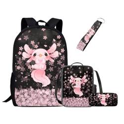 UOIMAG Niedliches Schulranzen-Set für Mädchen und Jungen, Rucksack-Set mit Lunchtasche, Federmäppchen, Schlüsselanhänger, Schulbüchertaschen für Kinder, Axolotl Kirschblüte, Einheitsgröße, von UOIMAG